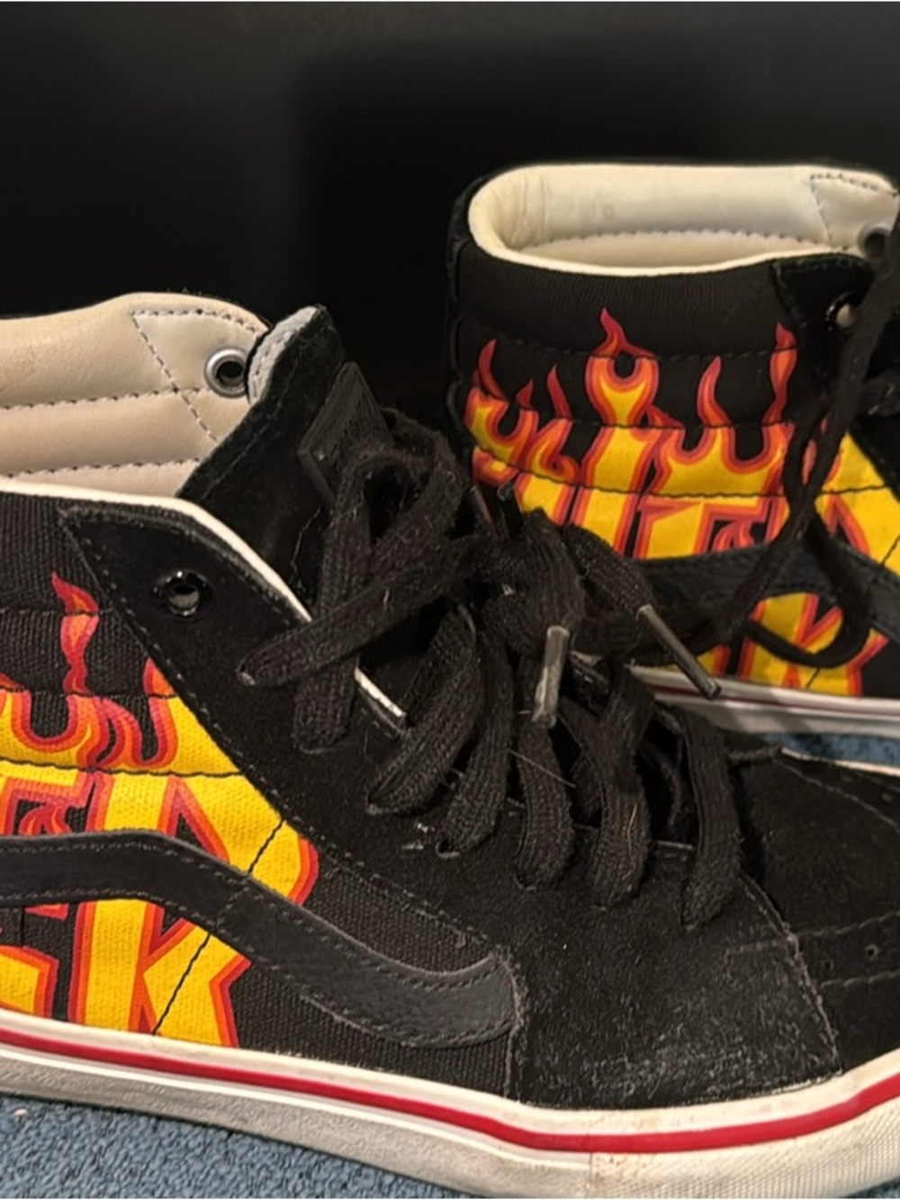 Vans Black High-Top Sneakers with Yellow & Red Flame Graphic